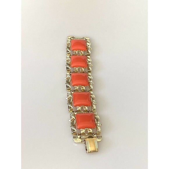 Coro Vintage Bracelet Coral Acrylic Inserts Gold Tone Linked 7” Signed - Picture 7 of 10